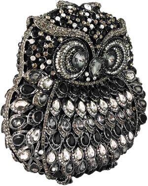 La Regale Black & Silver Crystal Owl Clutch Minaudiere Clutch